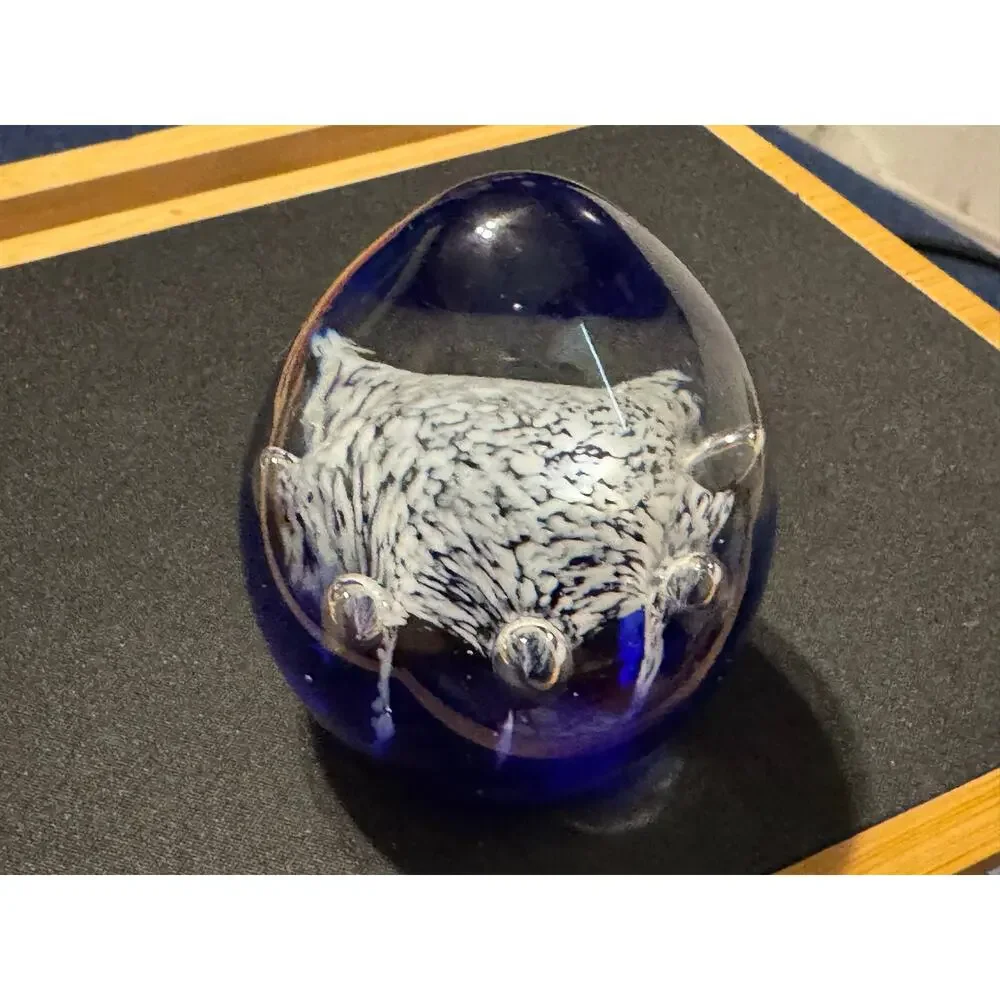 Vintage Cobalt Blue Egg Shape Art Glass Heavy Paper Weight, White Bubble Inside